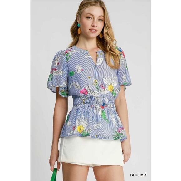 Umgee Tops - Umgee Blue Mix Floral Striped Peplum Blouse